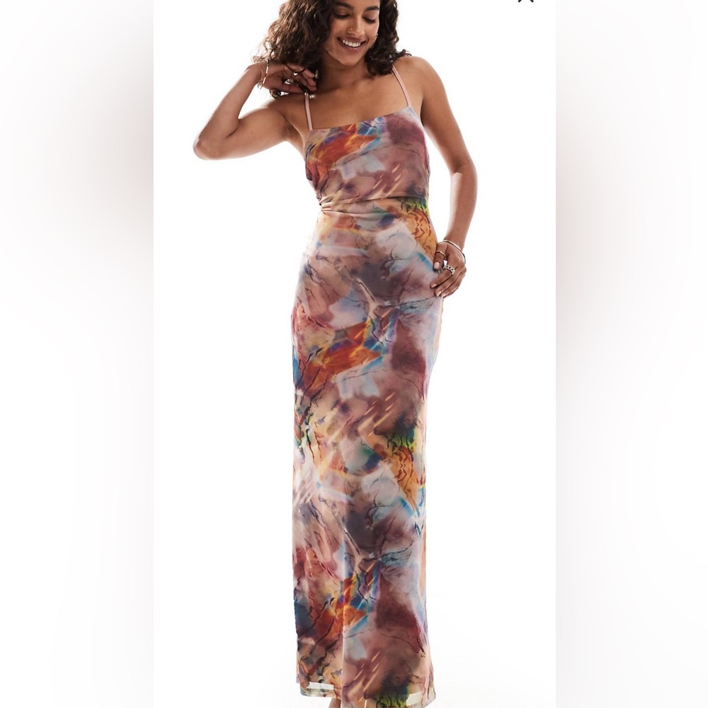 Asos Design Petite Mesh Square Neck Strappy Back Maxi Dress